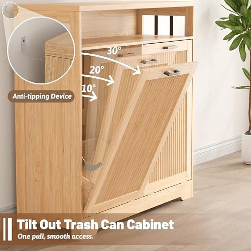 13 Gallon Double Tilt Out Trash Can Cabinet with Open Shelf & Storage - Pet Proof Hidden Recycling Cabinet & Wooden Laundry Hamper for Kitchen, Bathroom, Living Room, Natural Wood - Image 6