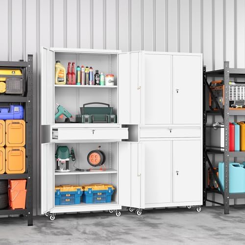 73" Metal Garage Storage Cabinet with Wheels， Rolling Tool Storage with Locking Doors， Adjustable Shelves and Drawer, Heavy Duty Steel Tool Cabinet for Garage, Warehouse, School(White) - Image 2