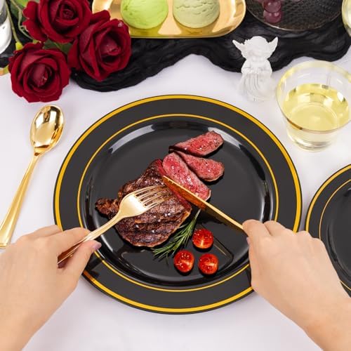bUCLA 300PCS Black and Gold Disposable Dinnerware Set - 50 Guests Black Plastic Plates with Gold Rim Include 50 Dinner / 50 Dessert Plates, 50 Forks,50 Knives,50 Spoons&50 Cups for Party&Graduation - Image 5