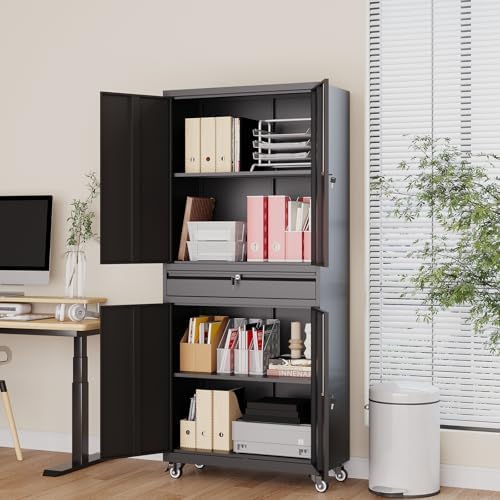Metal Garage Storage Cabinet with Wheels,Lockable Storage Cabinet with Adjustable Shelves and 1 Drawer,Rolling Tool Cabinet for Workshop Garage and School(Black) - Image 5