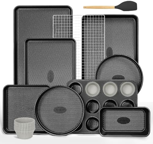 HONGBAKE 22-Piece Baking Pans Set Nonstick, Stackable Non Toxic Bakeware Sets with Diamond Texture, Oven Pan Set for Cooking, Includes Cookie Sheet with Rack, Cake Pan, Roasting Pan, Muffin Tin, Gray by HONGBAKE