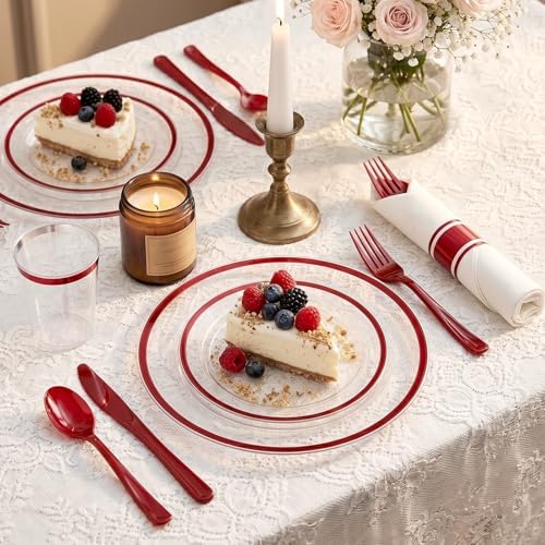 350PCS Clear Red Plastic Plates Dinnerware Sets for 50 Guests - Image 2