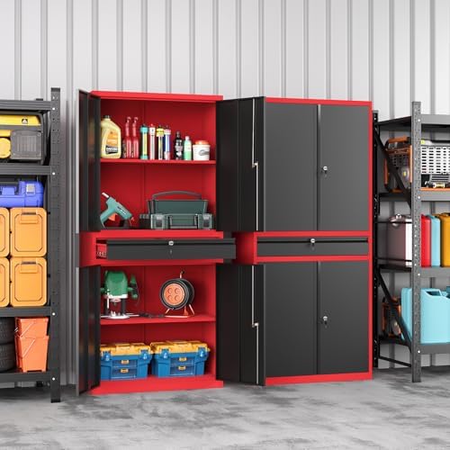 Metal Garage Storage Cabinet with Locking Doors and Drawer, 71" Steel Tool Storage Cabinet with Adjustable Shelves for Garage,Office,Warehouse (Red Black) - Image 2