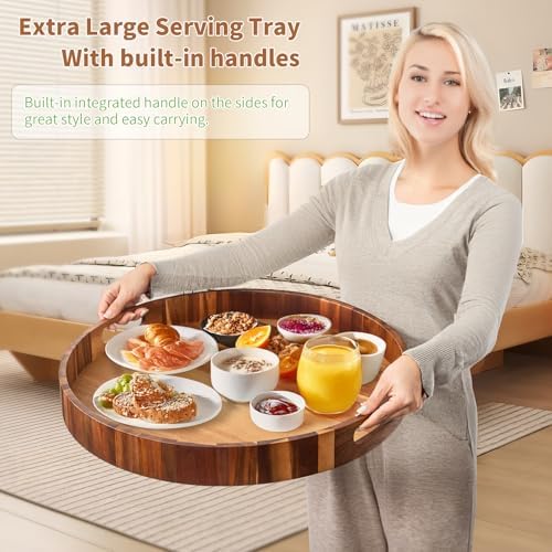 Large Ottoman Tray, 22" Big Ottoman Tray for Living Room, Large Serving Tray with Handles for Coffee Table Kitchen Counter,Great Round Wooden Trays with 4 Round Coasters for Appetizers, Dinner - Image 2