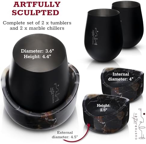 Gusto Nostro Marble Wine Chiller for Glass and Stainless Steel Tumbler Set of 2 - Wine Glass Chiller Holder for Freezer - Cool Set of Two Chillers & Stemless Wine Metal Tumblers for Home, Bar (Black) - Image 6