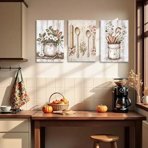 YMXDYMJSW Vintage Kitchen Wall Art 3 Piece Kitchenware Pictures Fork Knife Spoon Floral Canvas Print Farmhouse Floral Tableware Painting for Dining Room Home Decor (Beige, (16.00" x 24.00" x 3PCS)) - Image 2