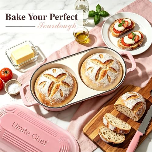 Umite Chef Dutch Oven for Sourdough Bread Baking – Enamelled Cast Iron Bread Loaf Pot – 500°F Oven Safe– Double Round Loaf Space, 16.5“ Diameter, 5" Banneton Proofing Baskets & Cotton Potholders(Pink) - Image 3