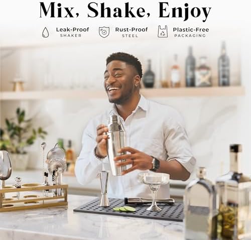 BARE BARREL® Mixology Bartender Kit Bar Set | 16-Piece Cocktail Shaker Set | Martini Barware Mixing Tools for Home Bartending | Incl. 35 Recipe Cards | Gift Set (24oz Cobbler Shaker, Silver/Natural) - Image 3