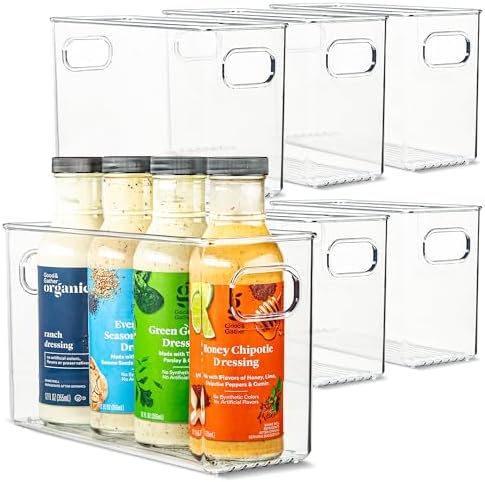 Plastic Food Storage 6 Pack Clear Container Bin with Handles for Organizing Kitchen, Pantry, Refrigerator, Freezer, Pantry, Cabinet, Closet, Bathroom. 10”x4”x6” by primebox