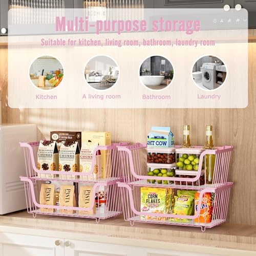 4 Pcs Stackable Wire Baskets for Pantry Organizers and Storage, Pink - Image 4