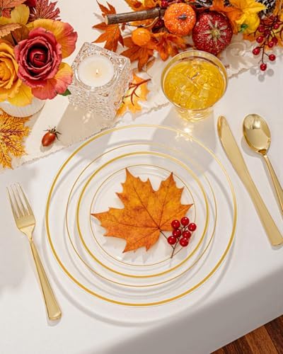 bUCLA 600PCS Clear Plates with Gold Trim - Clear Gold Dinnerware Set Disposable Include 100 Dinner/100 Dessert Plates, 100 Knives, 100 Forks, 100 Spoons, 100 Cups for Wedding, Party - Image 3
