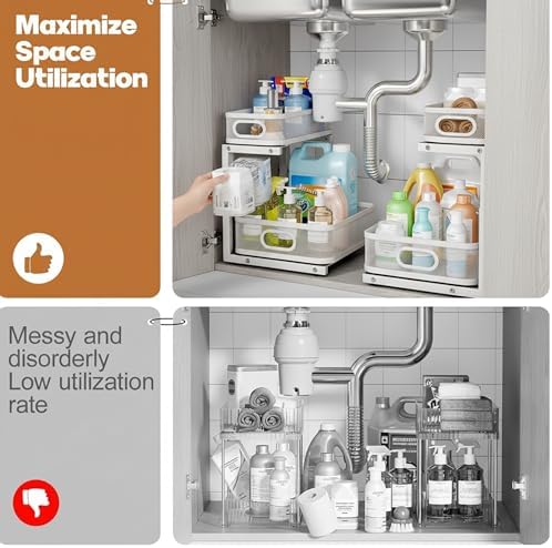 2 Pack Under Sink Organizer, Dual-Layer Pull Out Mesh Cabinet Rack with 5-Level Height Adjustment, Rust-Resistant Sliding Storage for Bathroom & Kitchen, Multi-Purpose 2-Tier Shelf - Image 5