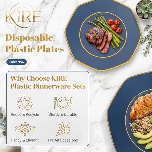 KIRE 140Pcs Blue Plastic Plates with Gold Rim - Navy Blue Plates for Party - Image 2