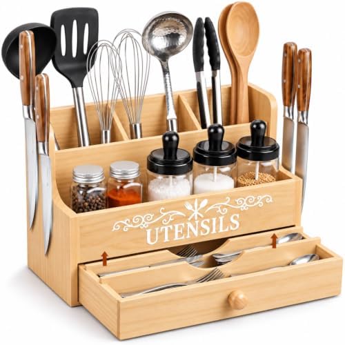 Wooden Kitchen Utensil Holder with Magnetic Knife Block, Natural by Ferrochef