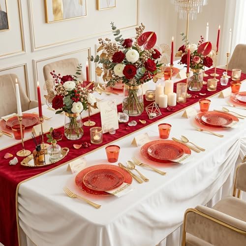 Rubtlamp 350 Pcs Plastic Dinnerware Set (50 Guests), Red And Gold Plastic Plates, Hammered Party Plates Set Include Dinner Plates, Dessert Plates, Cups, Cutlery Set And Napkins for Wedding And Party - Image 6