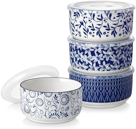 vancasso 36 Oz Ceramic Serving Bowls with Lids Set of 4, Porcelain Lunch Bowls with Lids for Food Storage, Prep Bowl for Kitchen, Microwave & Dishwasher Safe,Series SELENE by vancasso