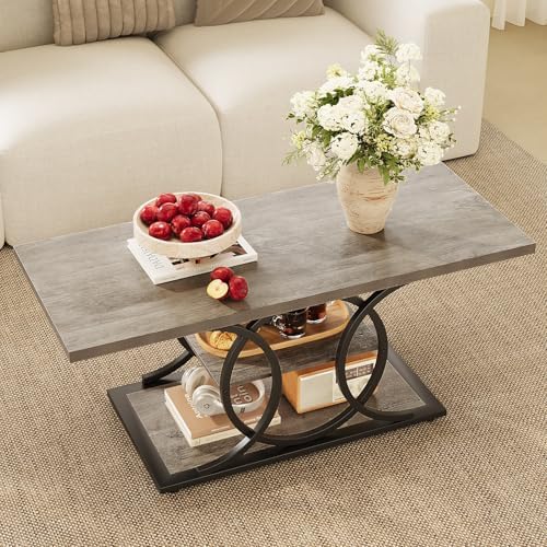 GiftGo Rustic Coffee Table with Storage Industrial 3 Tier Center Living Room Table Farmhouse Wooden Rectangle Cocktail Tea Table for Office Bedroom Elegant Full Moon Design (Vintage Gray, L-47) - Image 3