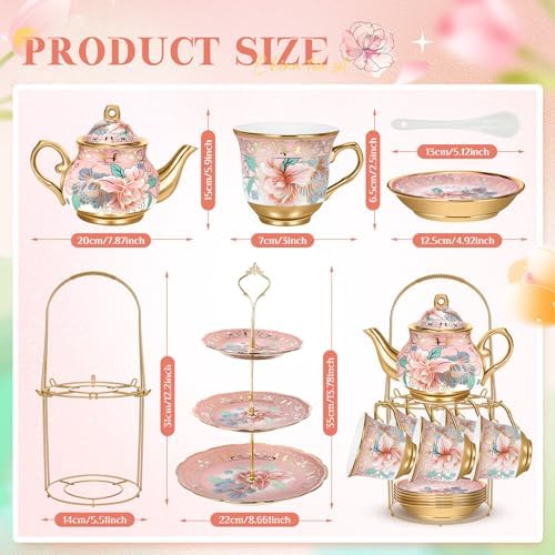 21 Pcs Porcelain Tea Set with 3 Tier Dessert Stand, Pink, Spring - Image 2