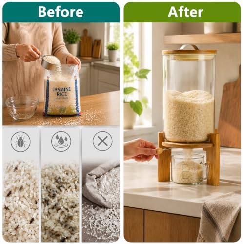Glass Rice Dispenser, Airtight Rice Storage Container with Measuring Cup - Image 2