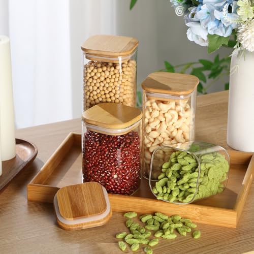 Qinyoung 24 Pcs Glass Storage Jars Airtight Bamboo Lids Glass Food Containers, 4 Sizes (0.5/0.6/0.8/1 Qt) Clear Square Pantry Organization Stackable for Pasta Candy Cookie Kitchen Food Cereal Coffee - Image 5