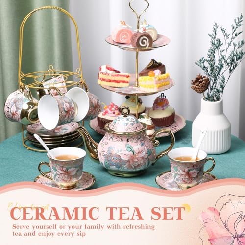 21 Pcs Porcelain Tea Set with 3 Tier Dessert Stand, Pink, Spring - Image 6