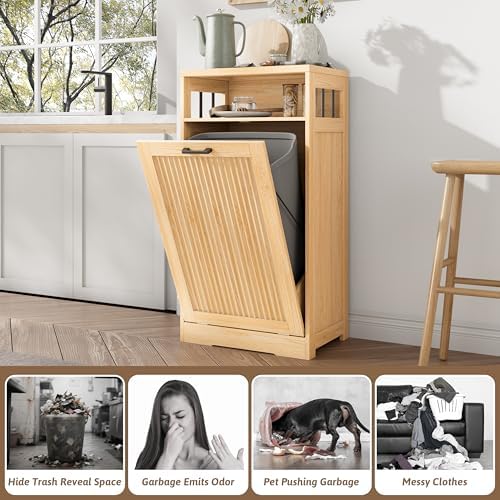 13 Gallon Tilt Out Trash Can Cabinet with Open Shelf & Storage - Pet Proof Hidden Recycling Cabinet & Wooden Laundry Hamper for Kitchen, Bathroom, Living Room,Natural Wood - Image 4