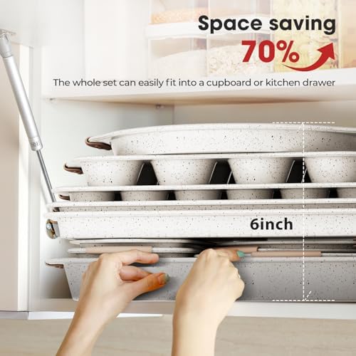11-Piece Baking Pans Set Nonstick, Stackable Bakeware Set, White&Khaki - Image 4