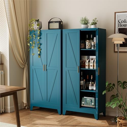 COFaR 61" Metal Pantry Cabinet in Peacock Blue, Farmhouse Storage Cabinet with Adjustable Shelves, Sturdy Freestanding Cupboard for Kitchen Organization, Bathroom & Living Room by COFAR