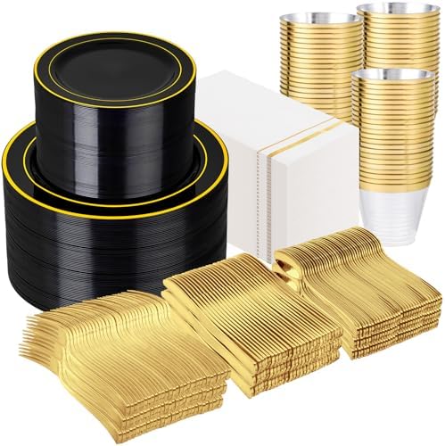 GATHER 700PCS Black Plastic Plates 100 Guest for Wedding Party Halloween by Gather