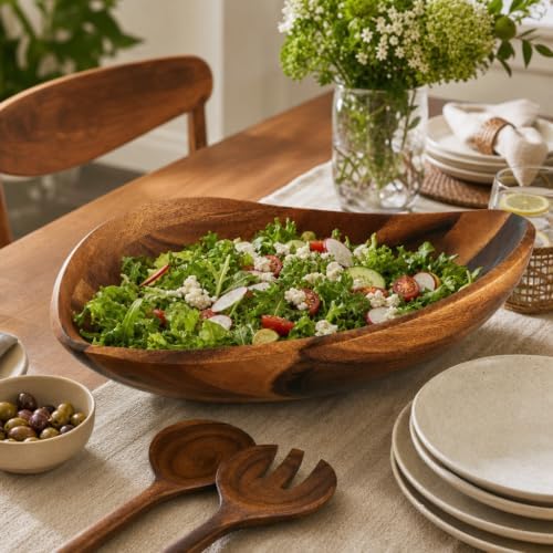 Arthur Court Wave Pattern Large Acacia Wood Salad Bowl - Modern Centerpiece for Fruits and Salads - 19 x 12 x 4 Inches - Image 7