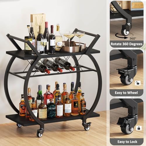 LVB Black Bar Cart with Wheels, Industrial Wine Cart with Storage for Home - Image 5