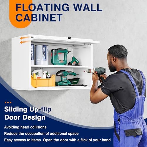 Yizosh Metal Wall Cabinet with Doors and Shelves, Floating Storage Unit for Garage or Basement (White, 21.6" H) - Image 4