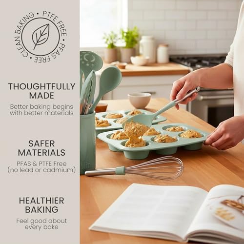 Larder & Vine 8-Piece Stackable Bakeware Set, Ceramic-Coated Nonstick Baking Pan Set, Non-Toxic, with Baking Sheets, Muffin Pan, Loaf Pan & Cake Pans, Sage - Image 5