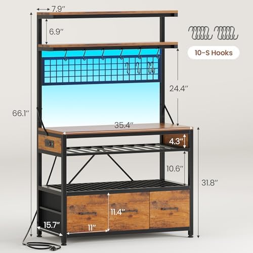 Itaar Bakers Rack with Storage and Power Outlet, 35.4 inch Coffee Bar Cabinet, Microwave Stand Kitchen Cabinet with Hutch, LED Lights, Wine Rack and Hooks, Rustic Brown - Image 2