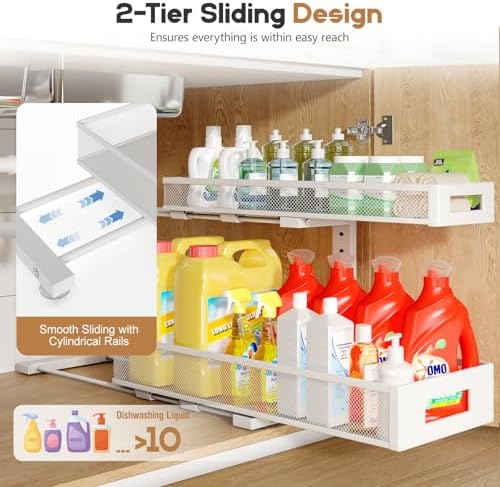 2 Pack 20.47IN Depth Under Sink Storage Organizer, Large 2-Tier Elegant Mesh Pull Out Shelf for Kitchen and Bathroom Cabinet Organization, L-Shaped and Adjustable Height Design-White - Image 4