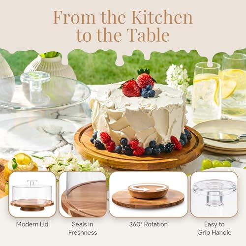 HOMESPHERE Rotating Cake Stand With Lid - 12 Inch Round Cake Holder with Cover, 4” Tall, Acacia Wood Spinning Cake Turntable for Decorating, Display and Serving Platter, Acrylic Cake Dome, No Glass - Image 4