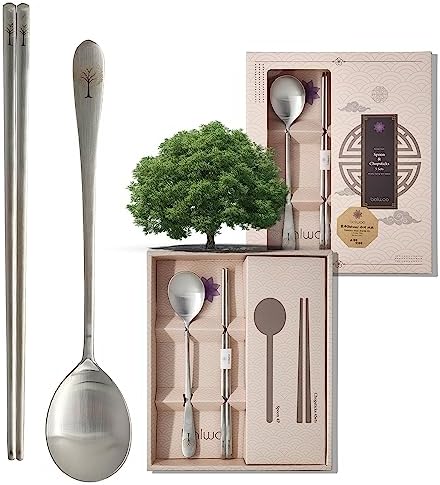 [5 Sets] [Made in Korea] Korean Sticky Rice Spoon Chopsticks Set Gold Titanium Plating 304 Stainless Steel Tableware Cutlery Set Mukbang Chopsticks (Willow Tree, 5 Sets) by KoreanPremiumKitchenware