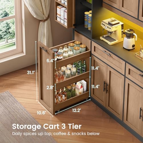 Itaar 71" Kitchen Pantry Cabinet with Charging Station and Led Light, Kitchen Storage Cabinets with Microwave Stand, 59" Wide Pantry Storage Cabinet with Storage Cart 3 Tier for Dining Room, Brown - Image 6