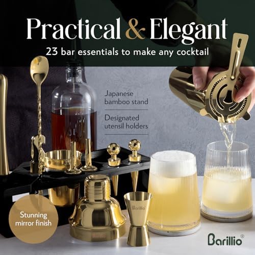 Barillio Gold Bartender Kit - Stainless-Steel Cocktail Shaker Set w/Black Bamboo Stand - Mixology Bar Tools w/Drink Shaker, Mixer, and Muddler for Cocktails - Home Bar Accessories - 23-Pc Bar Set - Image 4