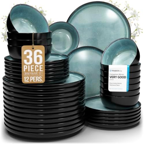 36 Piece Stoneware Dinnerware Set for 12, Handcrafted Plates and Bowls Set by PURELIVING