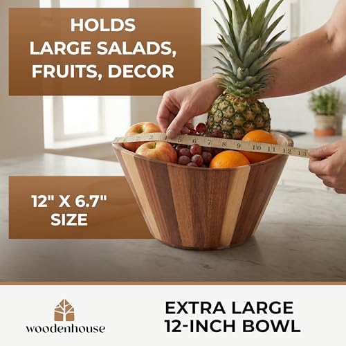 Extra Large Wooden Salad Bowl, Acacia 12" Multi-Purpose Serving Fruit Bowl - Image 4