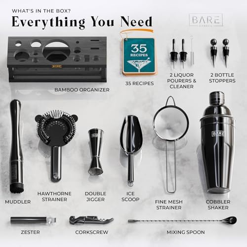 BARE BARREL® Mixology Bartender Kit Bar Set | 16-Piece Cocktail Shaker Set | Martini Barware Mixing Tools for Home Bartending | Incl. 35 Recipe Cards | Gift Set (24oz Cobbler Shaker, Jet Black/Black) - Image 4