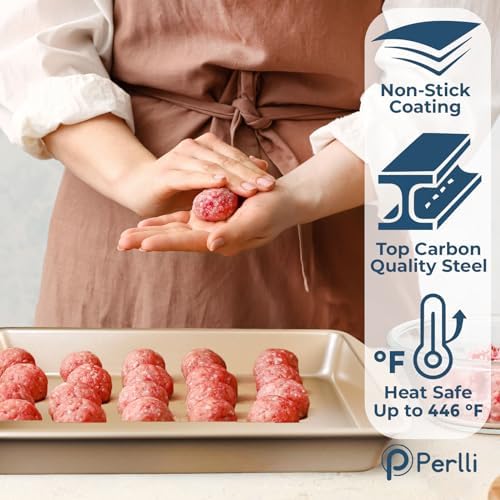 Perlli 10 Piece Baking Set - Nonstick Gold Steel Oven Bakeware With Silicone Handles, Cookie Sheets, Round Cake Pans, 9x13 Pan With Lid, Loaf Pan, Deep Pan, Pizza Crisper, Muffin Pan - Image 4