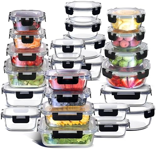 Nestl 48pc Glass Storage Containers with Lids, 24 Glass Food Storage Containers with 24 Airtight Lids for Pantry & Kitchen, Meal Prep Containers for Lunch, Oven Microwave & Dishwasher Safe, Black by Nestl