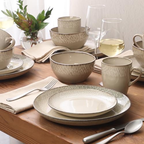 Gibson Elite Jasper 16 Piece Plates and Bowls Reactive Glaze Dishes Stoneware Ceramic Dinnerware Set - Service for 4 - Taupe - Image 5