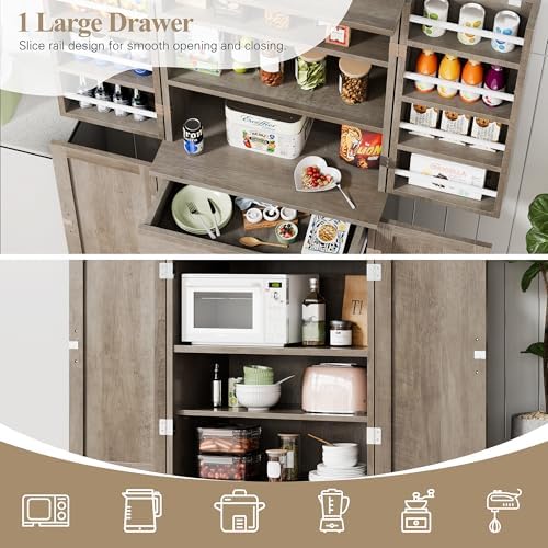 Vongrasig Kitchen Pantry Storage Cabinet with Barn Doors, Drawer and Adjustable Shelves, 6-Tier Tall Rustic Wood Cupboard Locker for Kitchen, Dining Room, Living Room, Bathroom, Rustic Grey - Image 5
