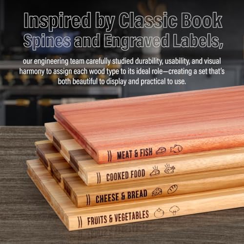 4Pcs Book Cutting Board Set with Stand - The Cutting Board Library, Solid Wood Book-Shaped Boards for Serving & Display, Labeled for Meat & Fish, Bread & Cheese, Cooked Food, Fruits & Vegetables - Image 5