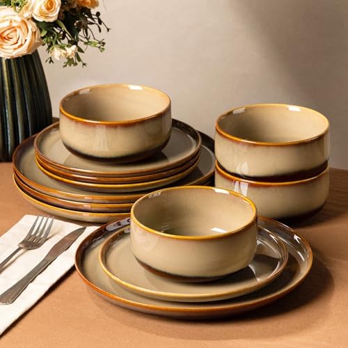 TheTerra Ceramic Dinnerware Set for 4, 12-Piece Plates and Bowls Set by TheTerra