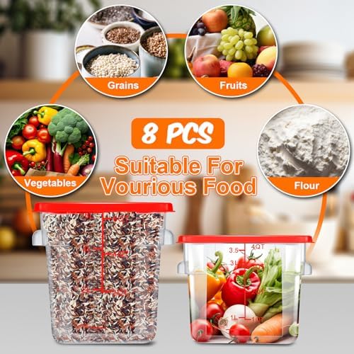 Suclain 8 Pack 4 QT and 6 QT Food Storage Containers with Lids Scales Handles Square Clear Restaurant Food Storage Containers Polycarbonate Commercial Grade for Kitchen Marinating Meat Dough(Red) - Image 4