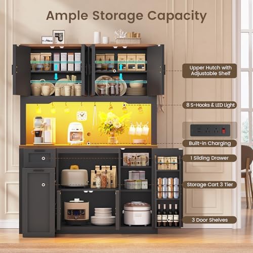 Itaar 71" Pantry Cabinet with Charging Station and LED Light, Kitchen Pantry Cabinet with Microwave Stand, 47.2" Wide Kitchen Storage Cabinets with Storage Cart 3 Tier for Dining Room, Black - Image 5